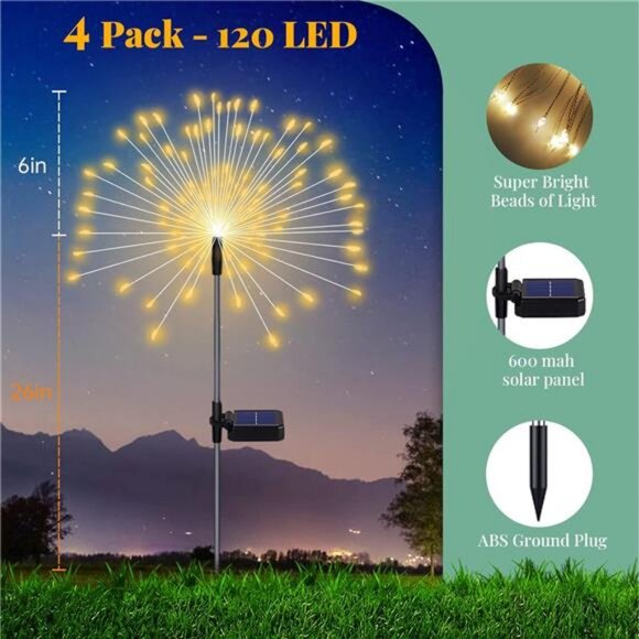 4 Pack Solar Firework Lights Outdoor 120 LED Waterproof Stake Landscape Lights - Picture 5 of 7